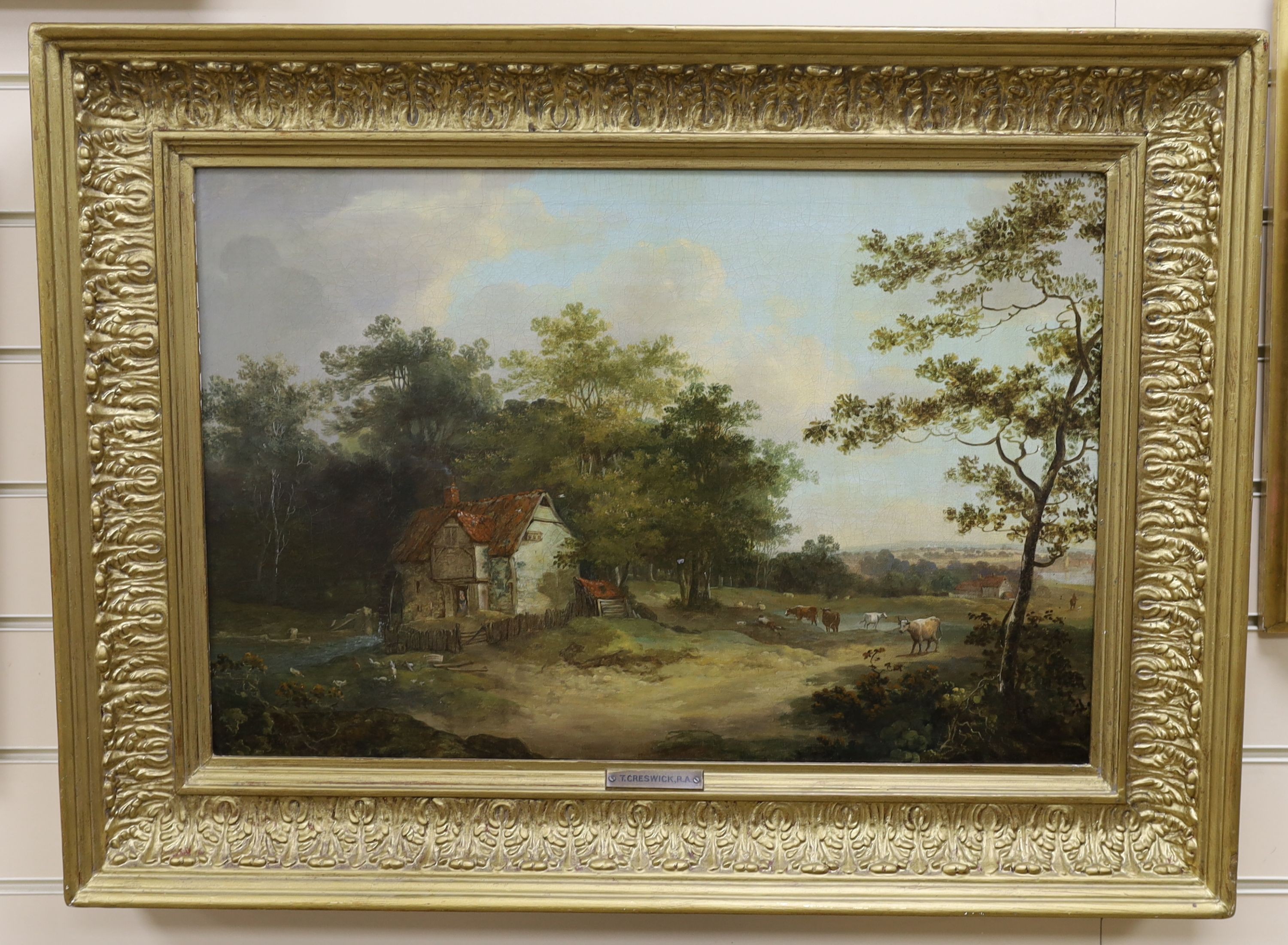 Attributed to Thomas Creswick (1811-1869), oil on canvas, Cottage and cattle in a landscape, bears signature, 43 x 64cm